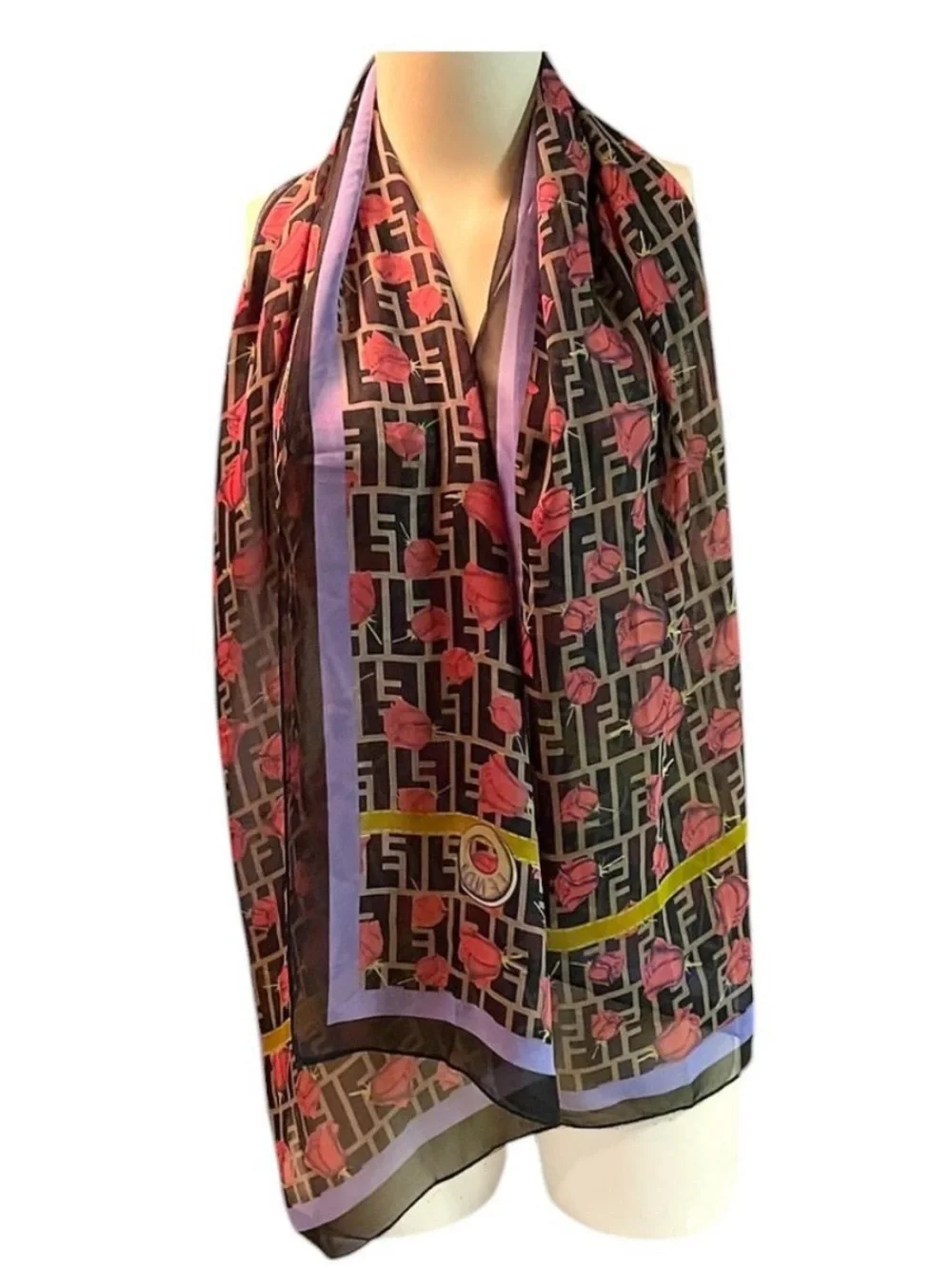 Fendi Silk Scarf Shawl FF Zucca w Roses